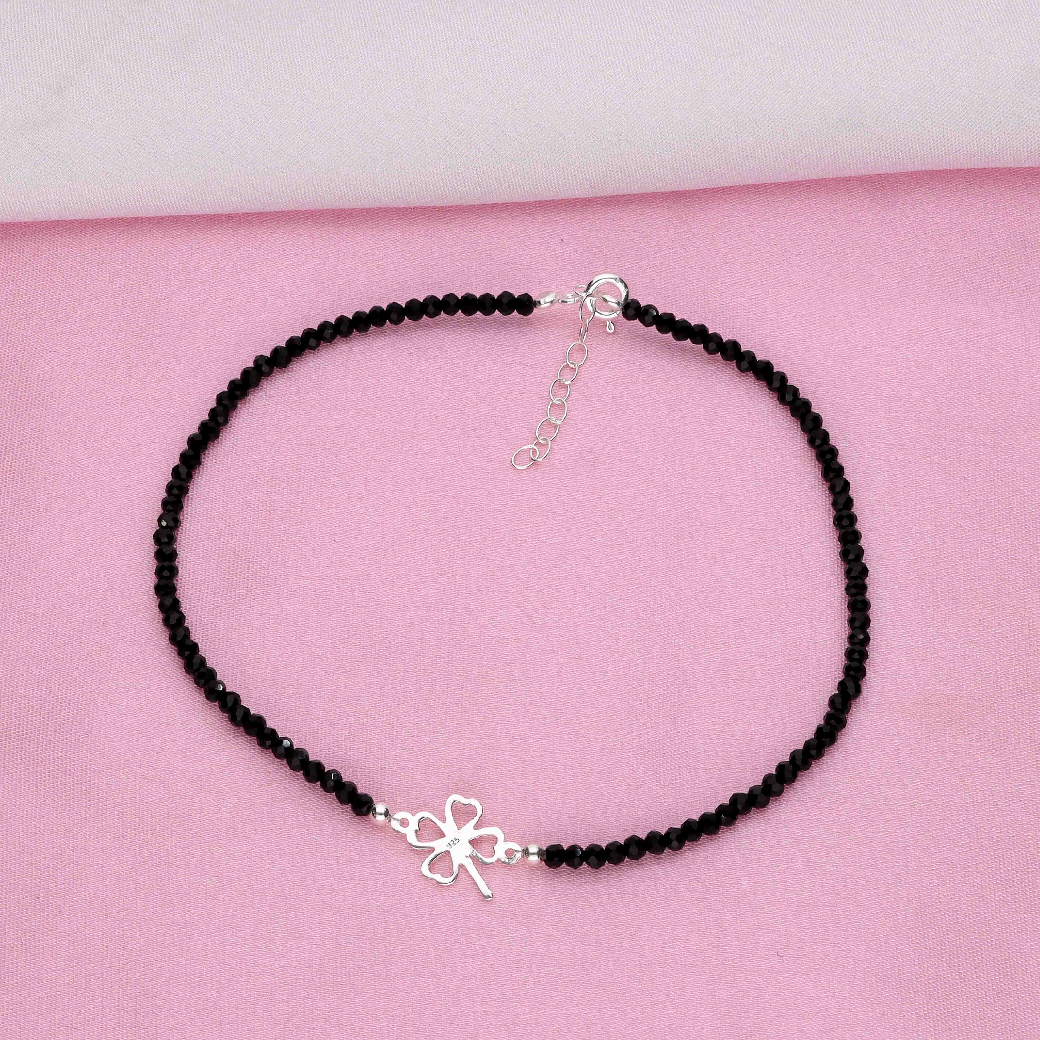 Sterling Silver Black Beads Flower Anklet - Image 5