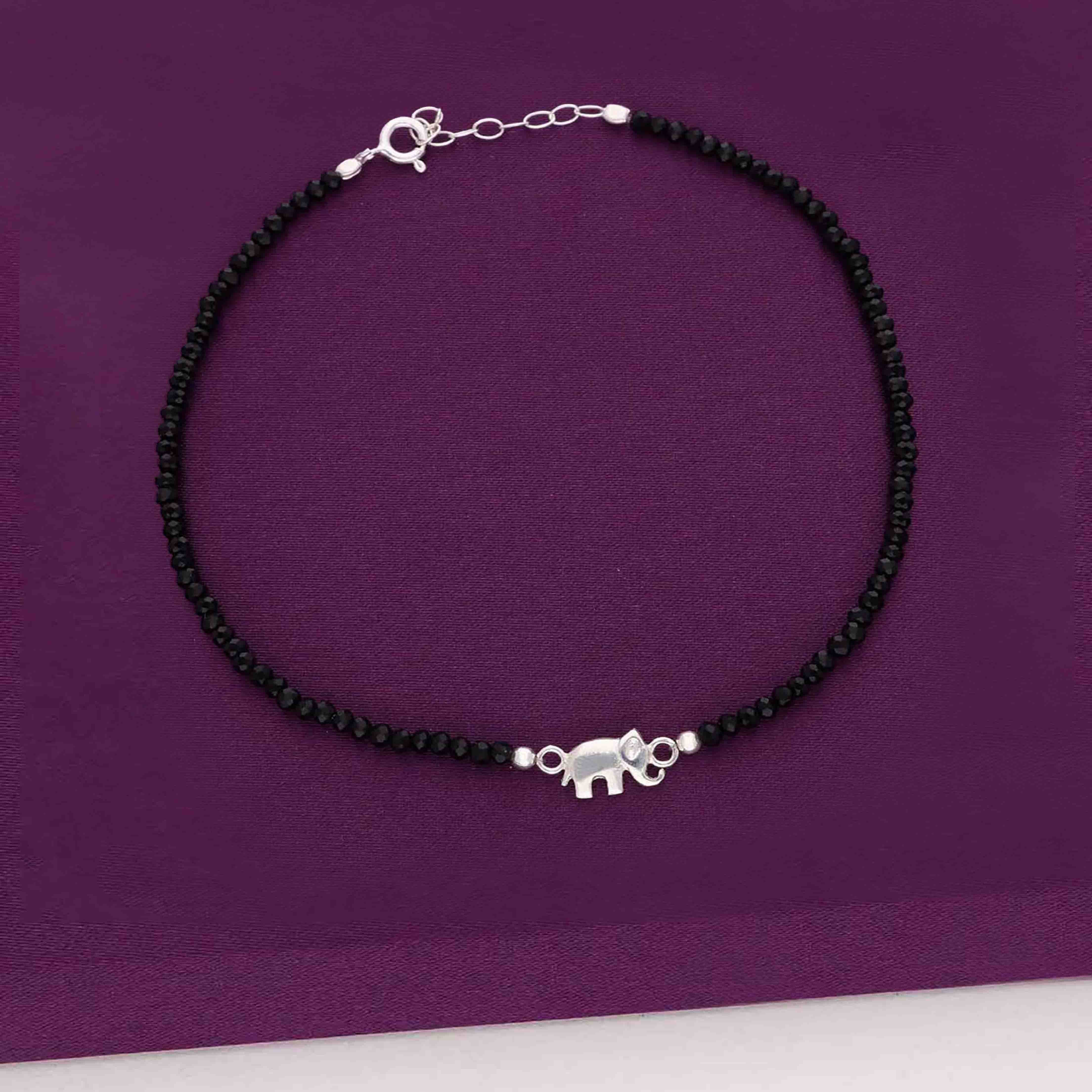 Sterling Silver Black Beads Elephant Anklet