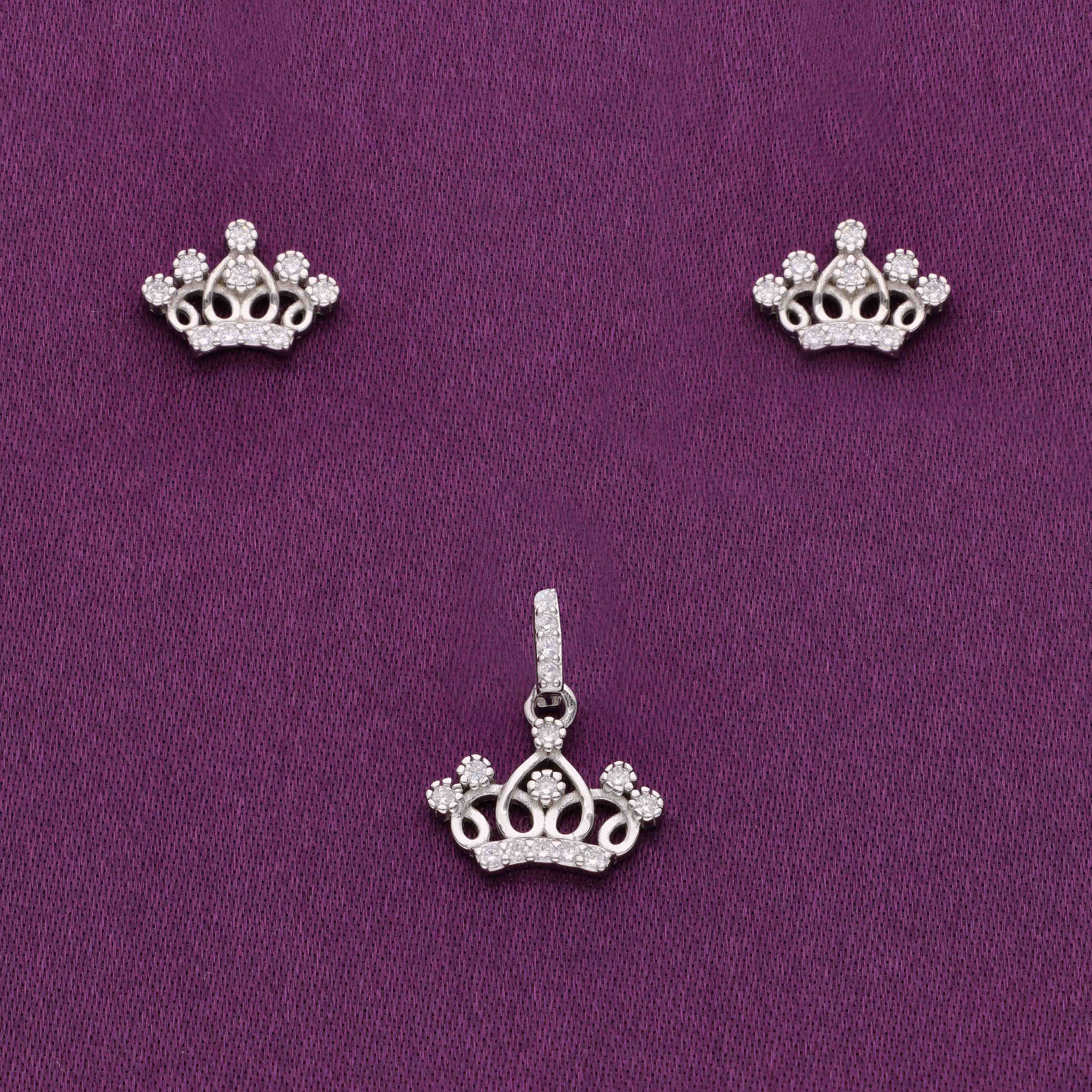 Crystal Crown Zircon Silver Pendant & Earrings Set