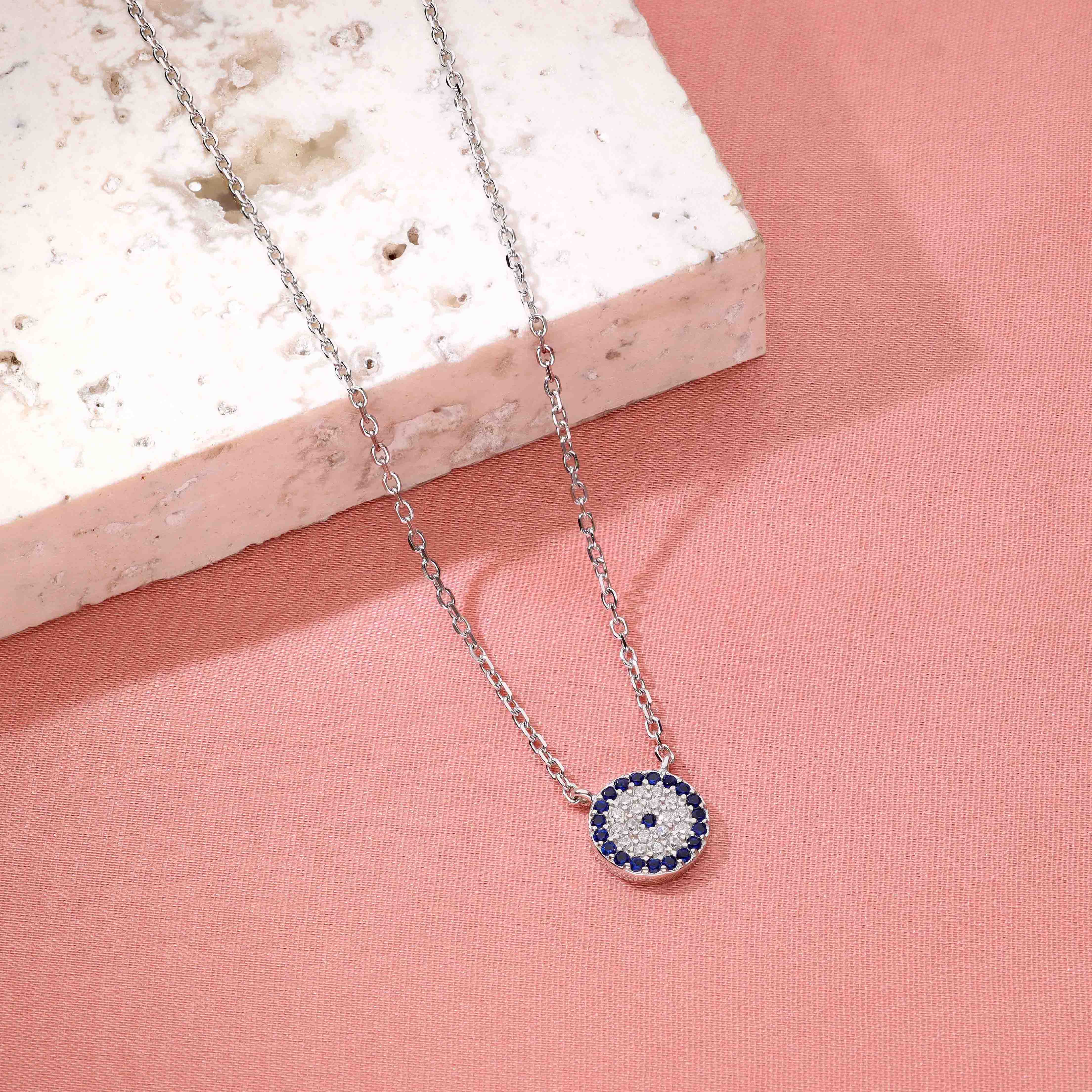 Round Zircon Studded Evil Eye Silver Chain Necklace