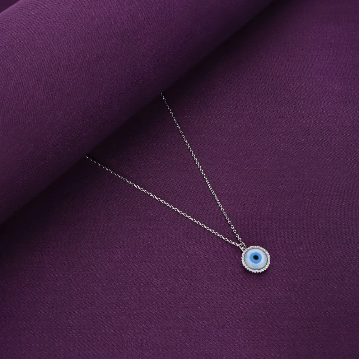 Circular Diamond Studded Ring Evil Eye Silver Chain Necklace