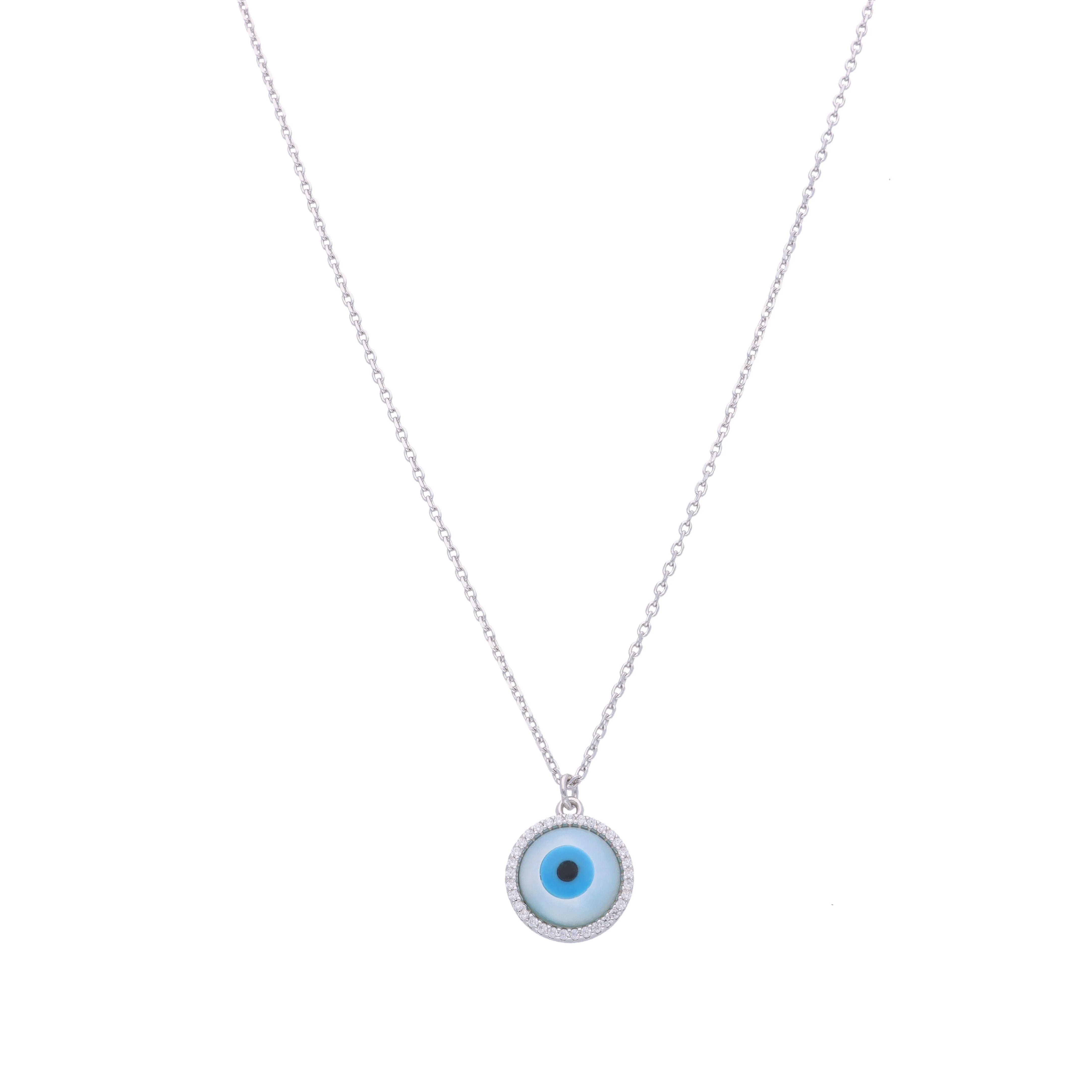 Circular Diamond Studded Ring Evil Eye Silver Chain Necklace - Image 2