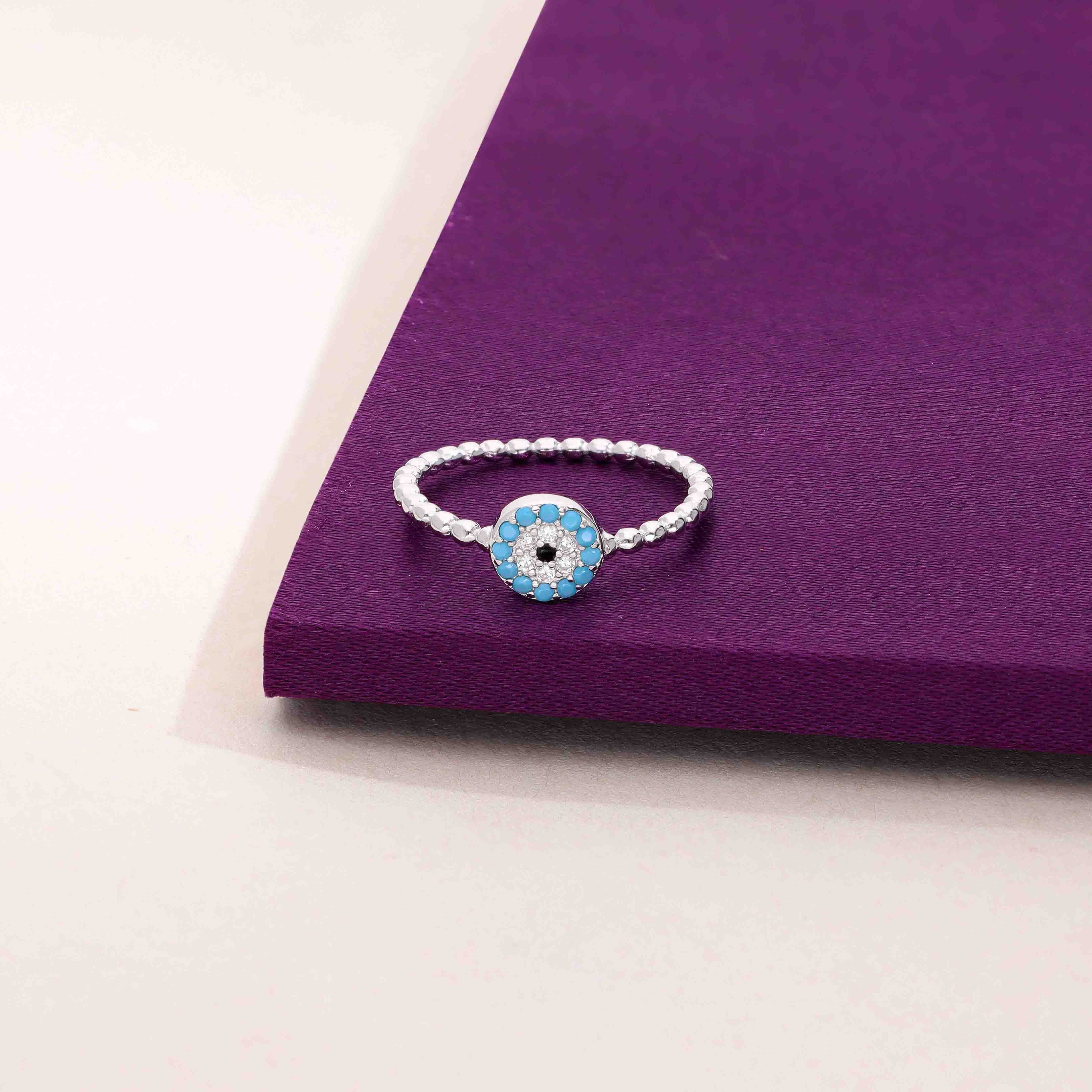Simply Circular Evil Eye Diamond Studded Silver Ring - Image 5