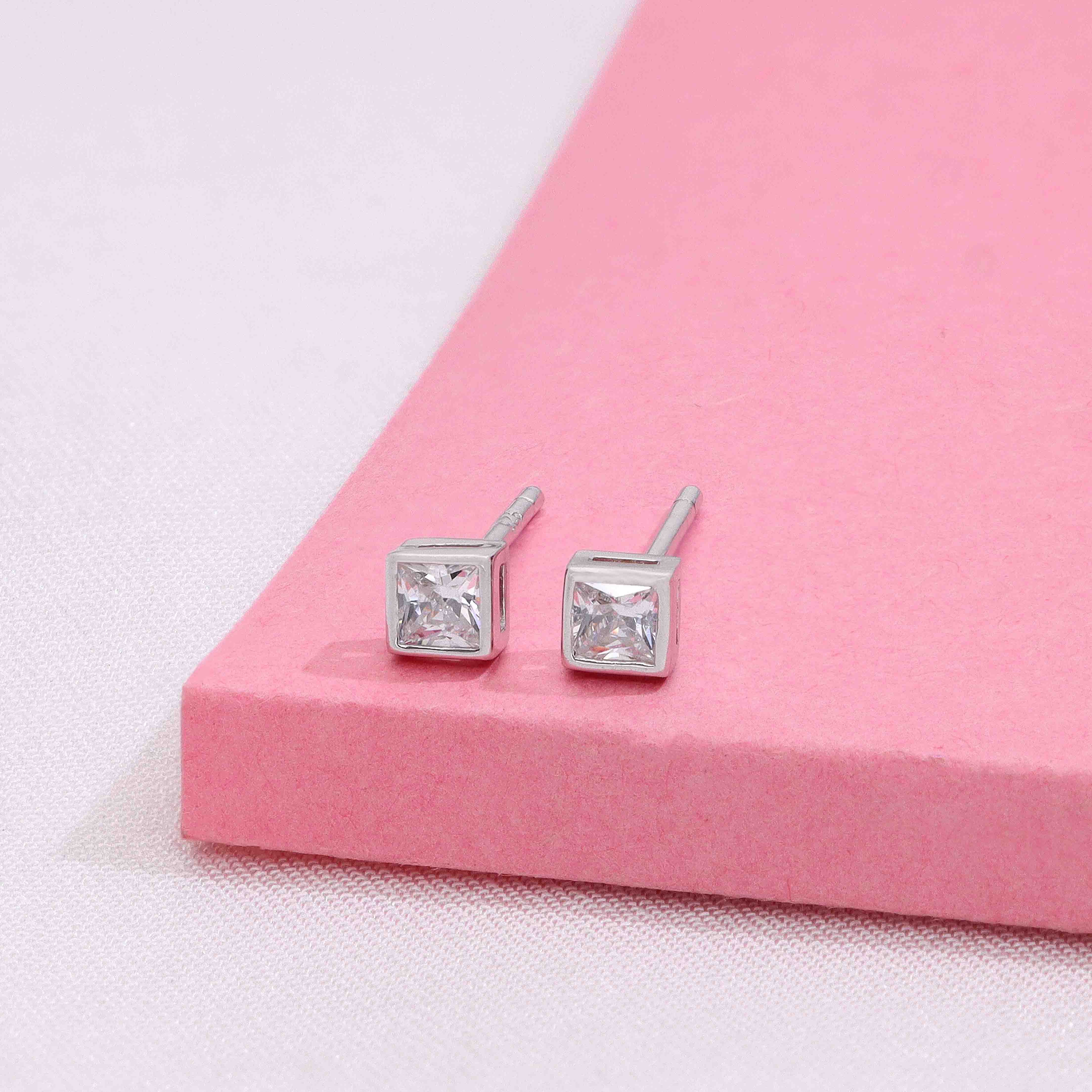 Square Crystals Casual Silver Studs Earrings